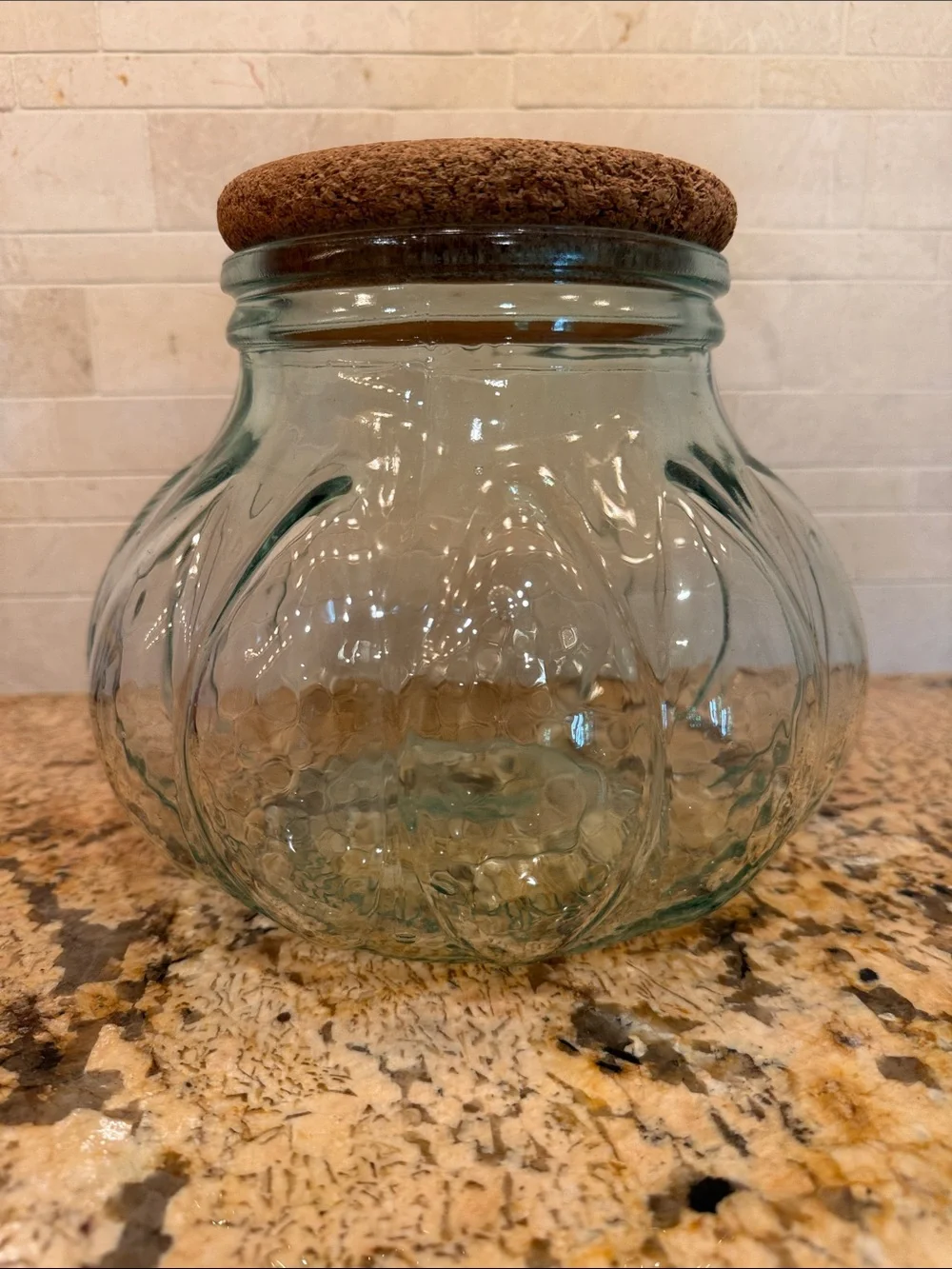 Round Textured Glass Jar with Cork Lid - Clear Aqua